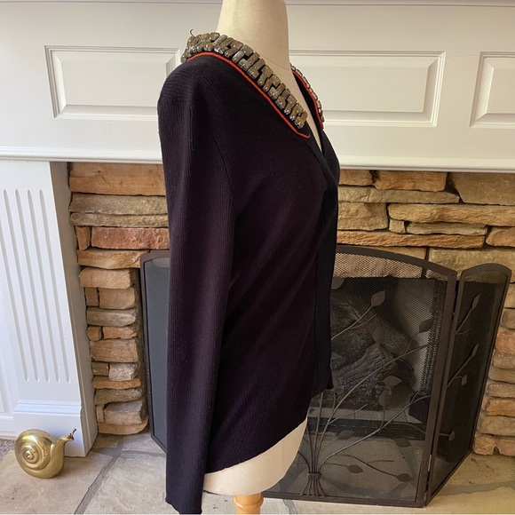 Tory Burch navy 100% wool cardigan with jeweled collar size small - Picture 3 of 9